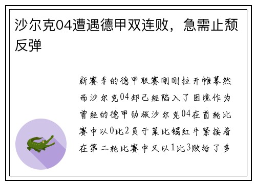 沙尔克04遭遇德甲双连败，急需止颓反弹