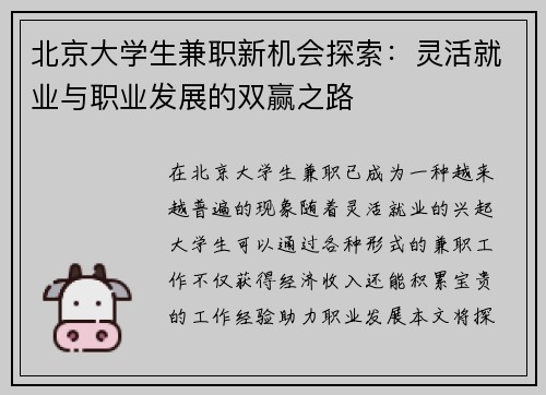北京大学生兼职新机会探索：灵活就业与职业发展的双赢之路