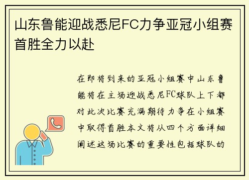 山东鲁能迎战悉尼FC力争亚冠小组赛首胜全力以赴