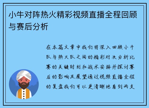 小牛对阵热火精彩视频直播全程回顾与赛后分析