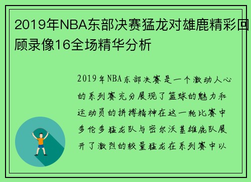 2019年NBA东部决赛猛龙对雄鹿精彩回顾录像16全场精华分析